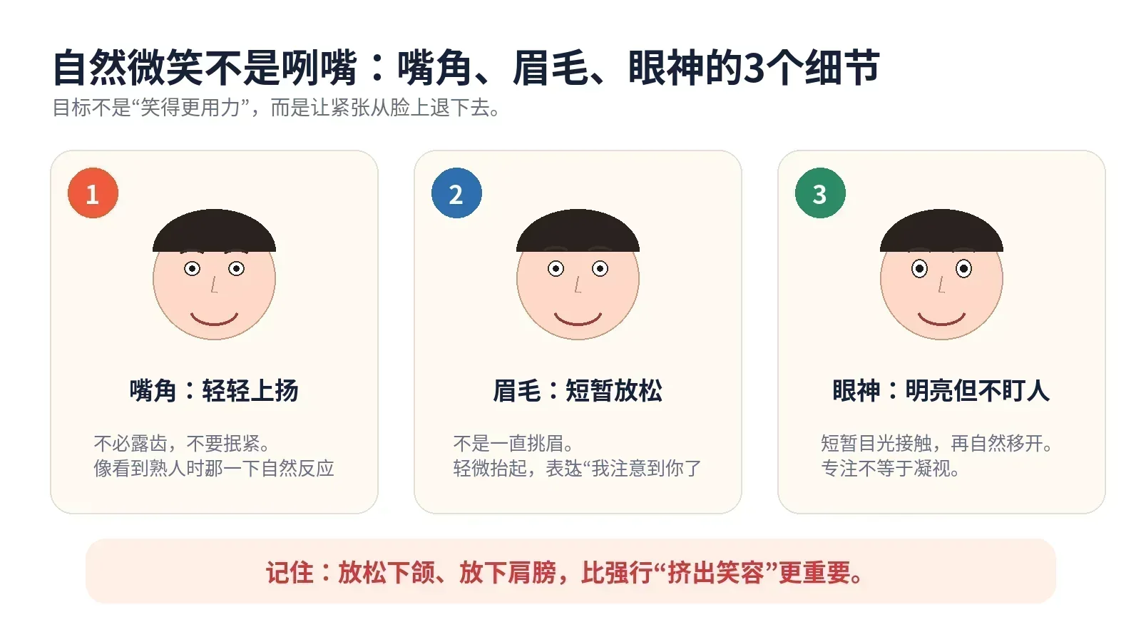 自然微笑的嘴角、眉毛和眼神细节